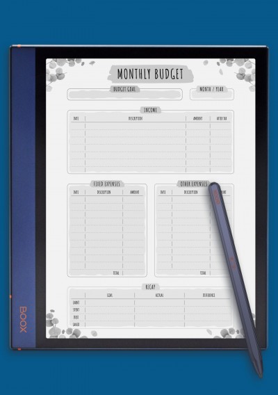 Monthly Budget - Floral Style template for BOOX Note