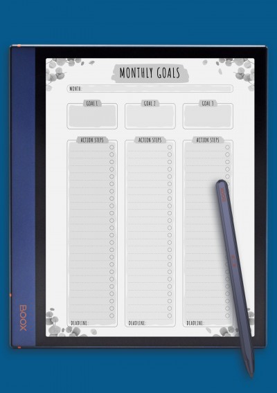 Monthly Goals with Action Steps - Floral Style template for BOOX Note