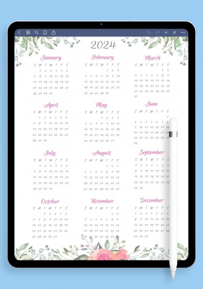 Botanical Greenery Yearly Calendar Template for iPad & Android