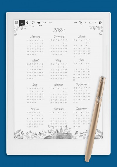 Botanical Greenery Yearly Calendar Template for Supernote