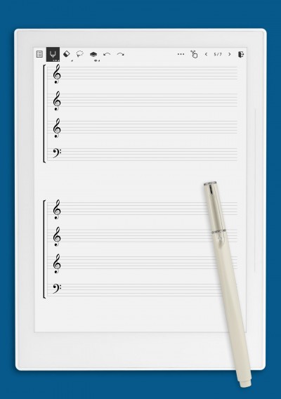 Choral Staff (3 Treble + Bass Clef) template for Supernote