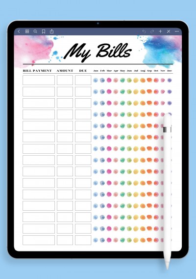 Colored monthly budget template for iPad