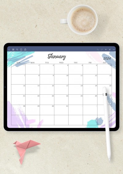 Horizontal Colored Monthly Calendar for Notability