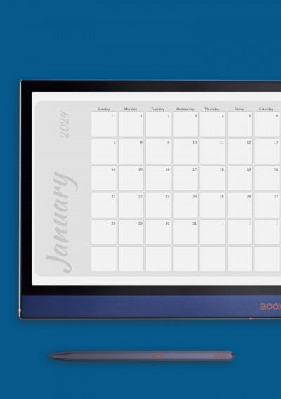 Horizontal Monochrome Monthly Calendar for Onyx BOOX