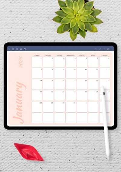 Horizontal Colored Pink Monthly Calendar for GoodNotes