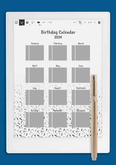 Confetti Birthday Calendar template for Supernote