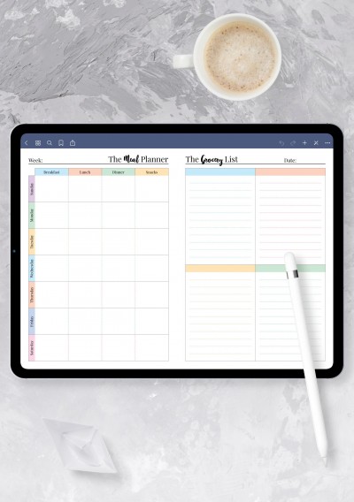 Colorful weekly meal planner with grocery list template for Notability