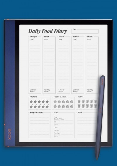 Complex daily food diary template for BOOX Note