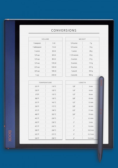 Conversions Table Template for BOOX Note