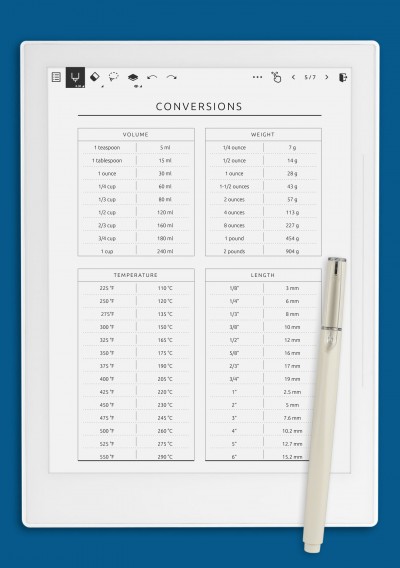 Conversions Table Template for Supernote