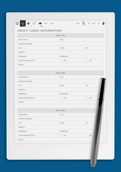 Supernote A6X Credit Cards Information Template