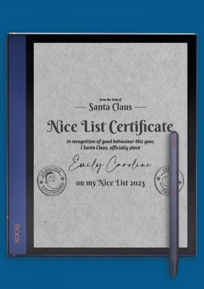 Customizable Santa Claus Nice List Certificate template for BOOX Note