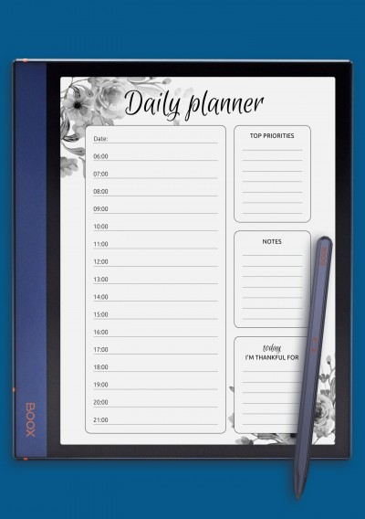 Daily hourly planner template with flowers for BOOX Note