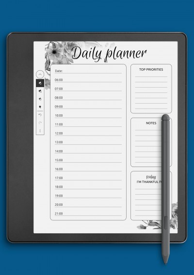 Daily hourly planner with flowers template for Kindle Scribe