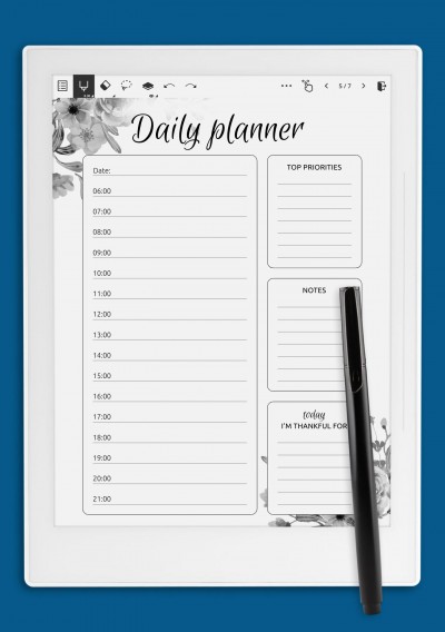 Daily hourly planner with flowers template for Supernote A6X