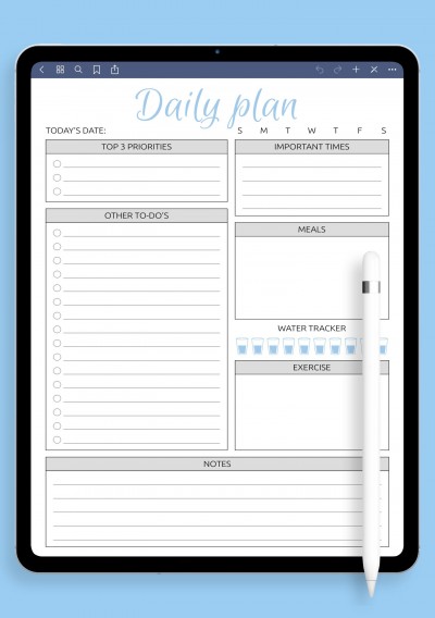 Daily Plan with to-do list, Important Times Template for iPad