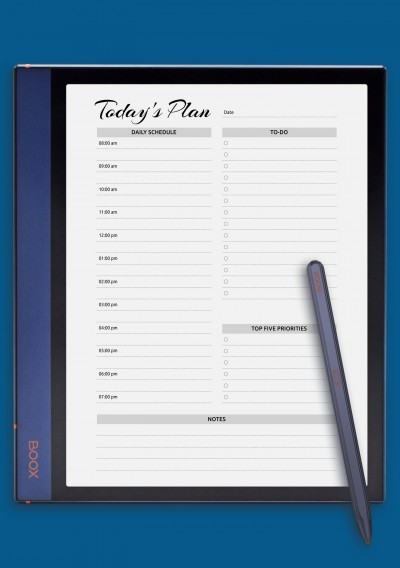 Daily planner with hourly schedule &amp; to-do list - AM/PM time format template for BOOX Note