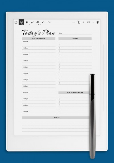 Daily planner with hourly schedule &amp; to-do list - AM/PM time format template for Supernote
