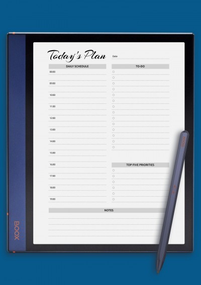 Daily planner with hourly schedule &amp; to-do list - military time format template for BOOX Note
