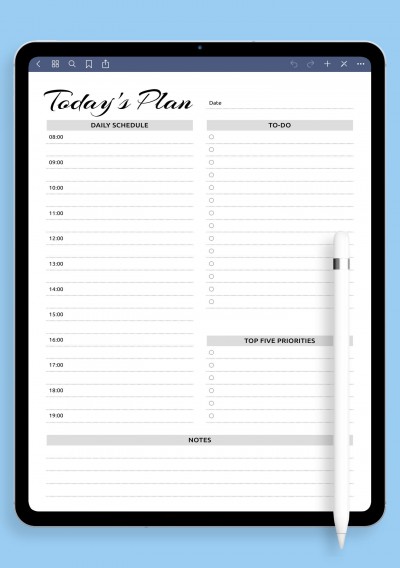 Daily planner template with hourly schedule,  to-do list - military time format for iPad & Android