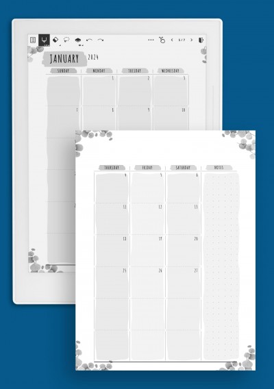 Dated Monthly Calendar - Floral Style Template for Supernote A6X