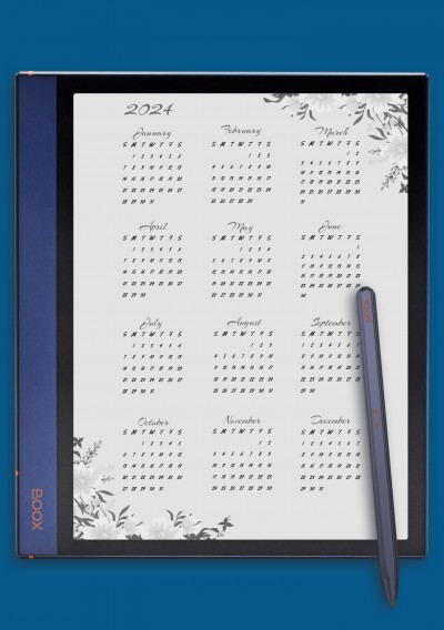 Dusty Floral Yearly Calendar Template for BOOX Note