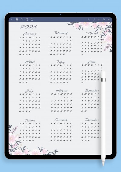 Notability Dusty Blue Floral Yearly Calendar Template 