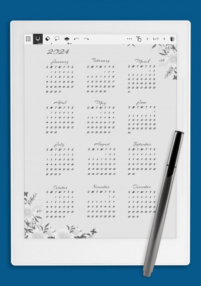 Dusty Blue Floral Yearly Calendar Template for Supernote