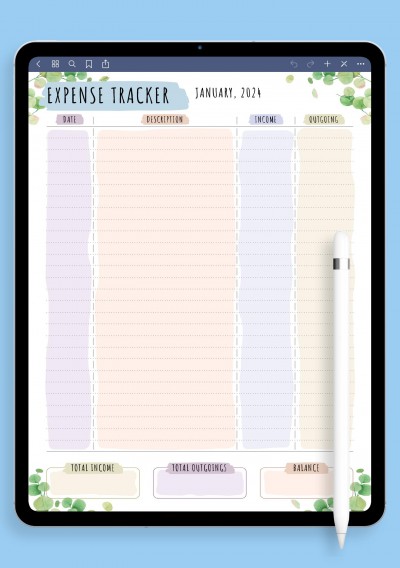 Expense Tracker - Floral Style Template for Notability