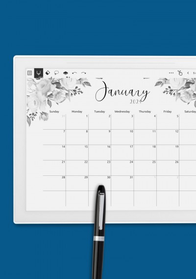 Floral Design Monthly Calendar Template for Supernote
