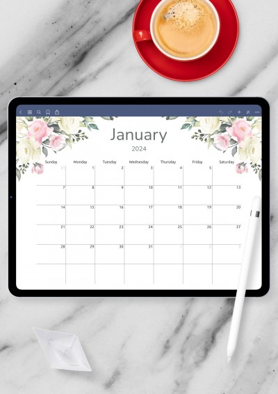 Horizontal Floral Monthly Calendar for iPad