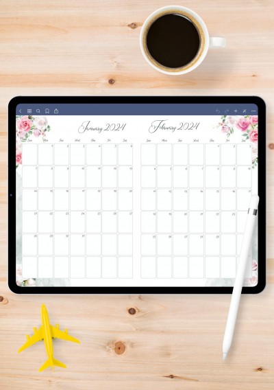 Horizontal Floral Two Months Calendar for iPad & Android