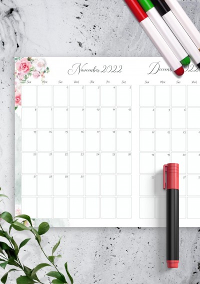 Download Floral Two Months Calendar - Printable PDF