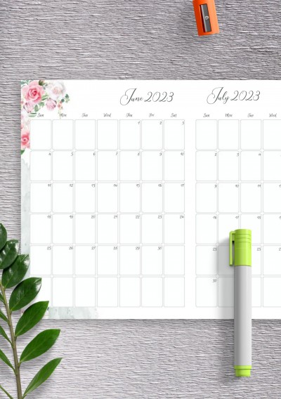 Floral Two Months June 2023 Calendar