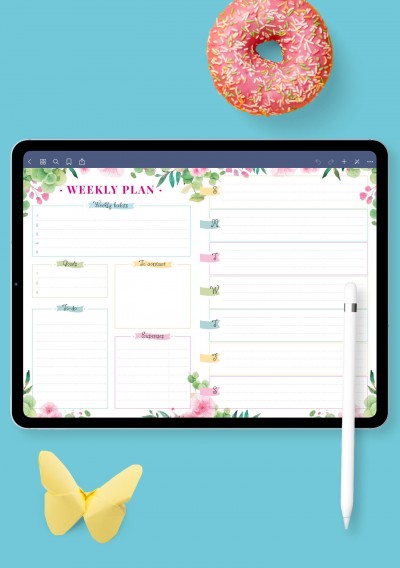 Floral Week On Two Pages Template for Notability