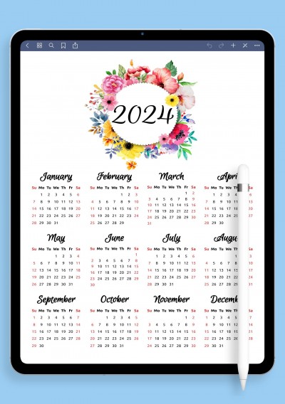 Floral Yearly Calendar Template for Notability