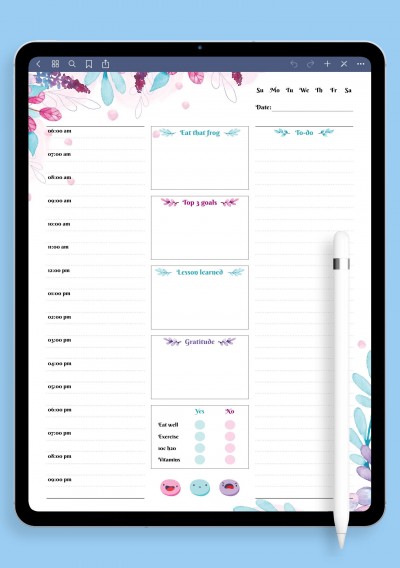 Flowered Daily Hourly Planner Template for Notability