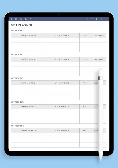 Gift Planner - 5 Recipients Template for Notability