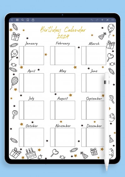 Gold and Black Birthday Calendar Template for GoodNotes