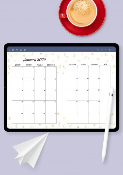 Gold Stars Monthly Birthday Calendar Template for GoodNotes