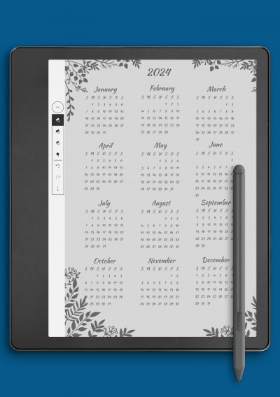 Gray Botanical Yearly Calendar Template for Kindle Scribe
