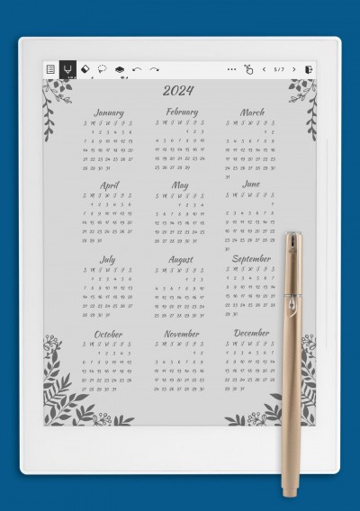 Gray Botanical Yearly Calendar Template for Supernote