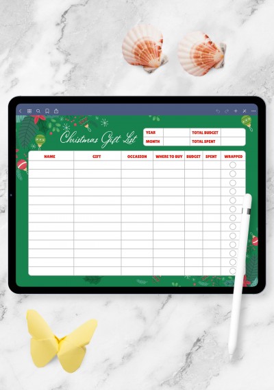 Horizontal Christmas Gift List - Green Style for iPad & Android