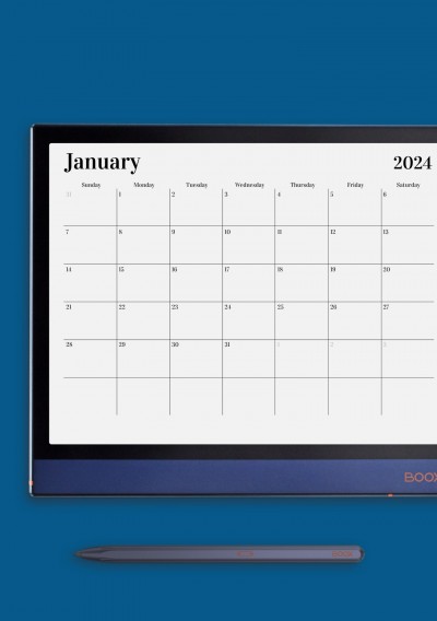 Horizontal Monthly Calendar Template for Onyx BOOX