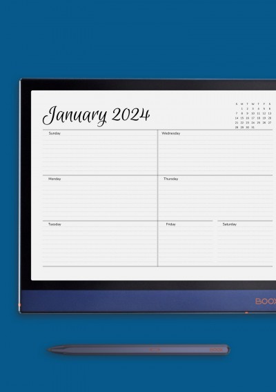 Horizontal Weekly Schedule Template for Onyx BOOX