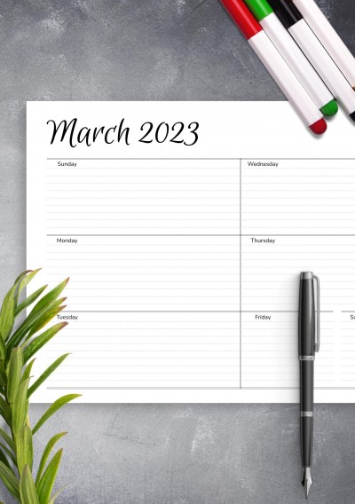 March 2023 Horizontal Weekly Schedule Template