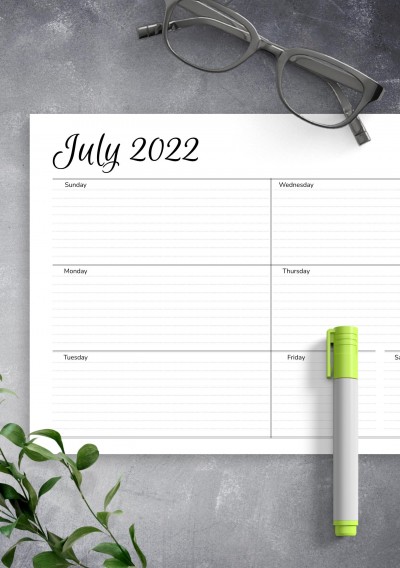 July 2022 Horizontal Weekly Schedule Template