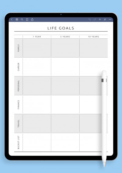 Long-Term Yearly Life Goals Simple Template for iPad & Android