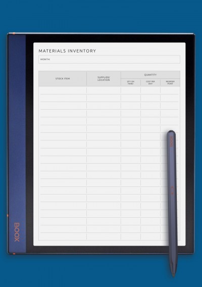 BOOX Note Materials Inventory Template