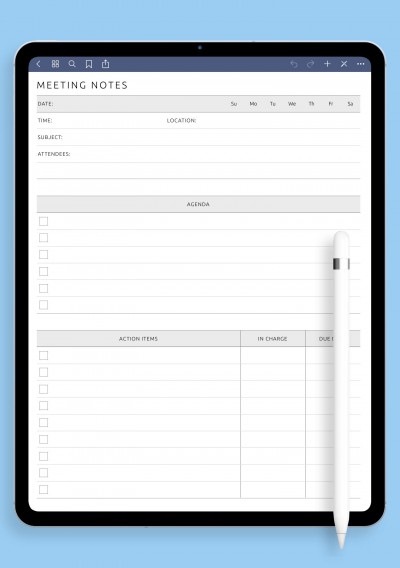 iPad Meeting Notes Template with Agenda and Action Items